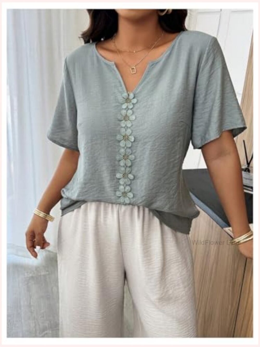 Plus Size Embroidered Blouse Short Sleeve Notch Neck Tunic Top - Picture 4 of 5
